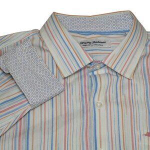 Tommy Bahama Mens S - L Pink Blue Striped Sarasota Stretch Button Up Dress Shirt